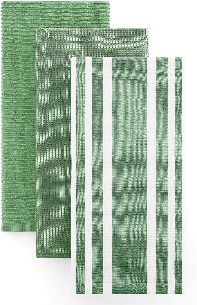 Homaxy Cotton 380 GSM Premium Kitchen Towels, 18"x28", 3 Pack, Grass Green | Soft and Absorbent Terry Dish Towels, Multipurpose Tea Towel Set with Hanging Loop, 3 Styles Kitchen Hand Towels