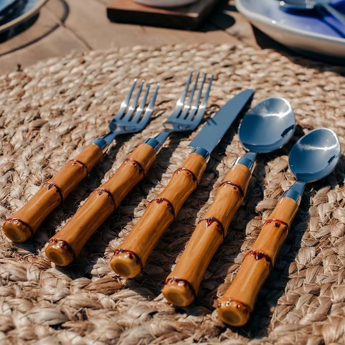 Cambridge Bamboo Plastic Handle 20-Piece Silverware Set for 4, Flatware | silver, dishwasher safe | includes knives, forks, and spoons | heavy duty, cutlery set for kitchen and dining, utensil set