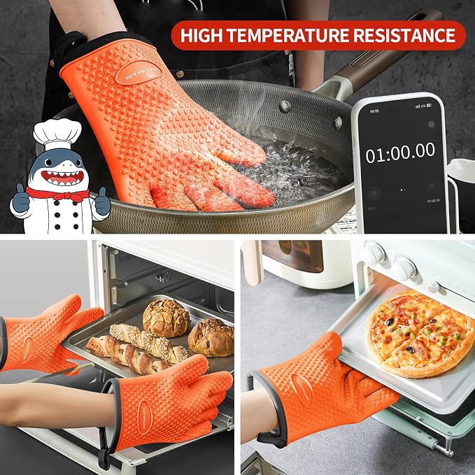 MAD SHARK Silicone Oven Mitts with Fingers Heat Resistant 450°F in Kitchen | Waterproof & Non-Slip Oven Gloves,Cotton Lined Silicone Kitchen Mitts for Baking Cooking Barbecue,Women (Orange)