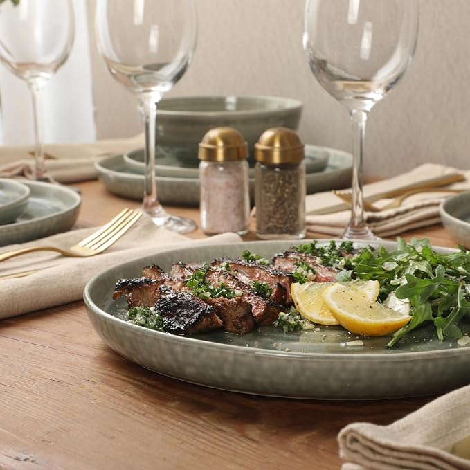 Gibson Elite Eclipse Swirls Plates and Bowls Sets, 12-Piece Stoneware Dinnerware Sets, Reactive Glaze Dish Set - Green
