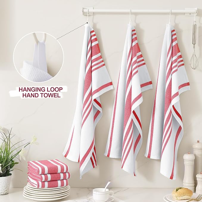 Homaxy Premium Cotton Stripe Kitchen Towels 3 Pack, 18"x 28", Red | Large 380 GSM Kitchen Hand Towels, Soft Terry Dish Towels, Highly Absorbent Tea Towel Set with Hanging Loop