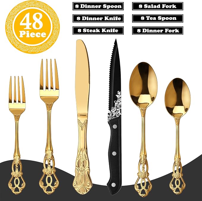 Runfly Gorgeous Retro Royal Gold Stainless Steel 48-Piece Flatware Set | Silverware Set for 8, Anti-rust Cutlery Set Utensils Kitchen Including Fork Spoon and Knife
