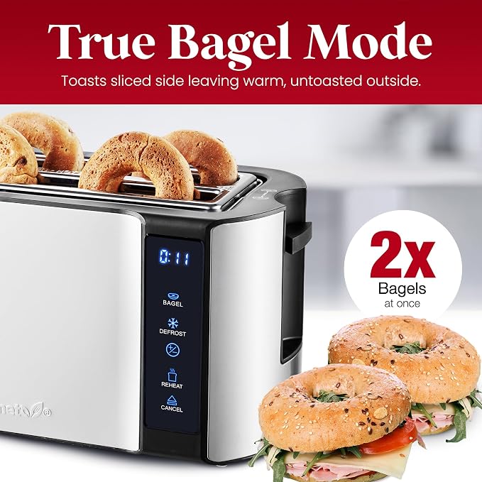Elite Gourmet ECT5322 4-Slice Long Slot Toaster, Stainless Steel | Bagel, Defrost & Cancel, 6 Toast Settings, Built-In Warming Rack, Extra-Wide Slots Fit Bagels & Waffles - Countdown Timerc