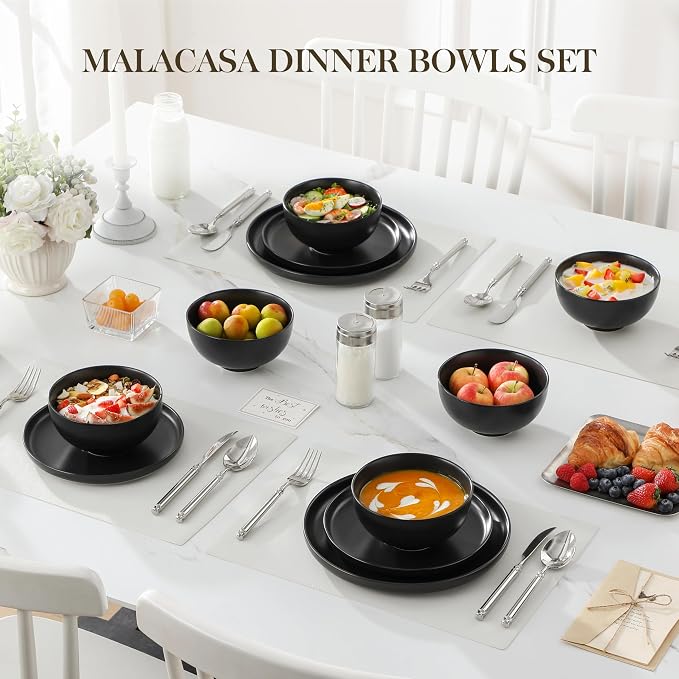 MALACASA 26 Oz Black Ceramic Bowls Set of 6,Cereal & Soup Bowl for Kitchen | Perfect for soup, cereal, ramen, rice, oatmeal & salad; Scratch-resistant ; stackable, microwave, oven & dishwasher safe