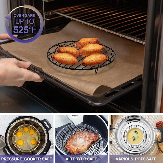 P&P CHEF 7.5 Inch Cooking Rack Round for Steaming Cooling, Black, 2 Pack | Stainless Steel Round Wire Rack for Baking Grilling, Roasting, Fits Air Fryer, Steamer Pot, Oven & Dishwasher Safe