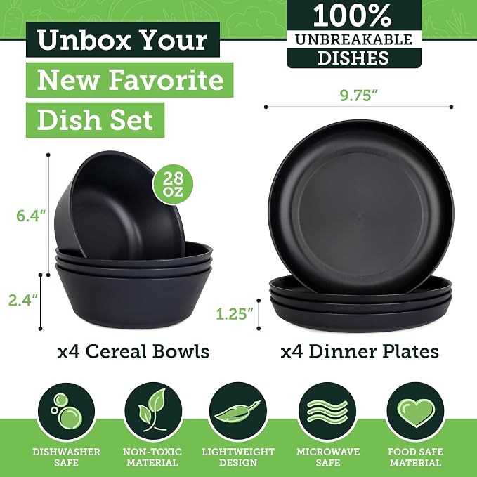 Grow Forward Premium Wheat Straw Plates and Bowls Sets - 8-Piece Wheat Straw Dinnerware Sets - Unbreakable & Reusable Microwave Safe Plastic Dinner Plates for Outdoors, RV, Camping Dishes - Midnight