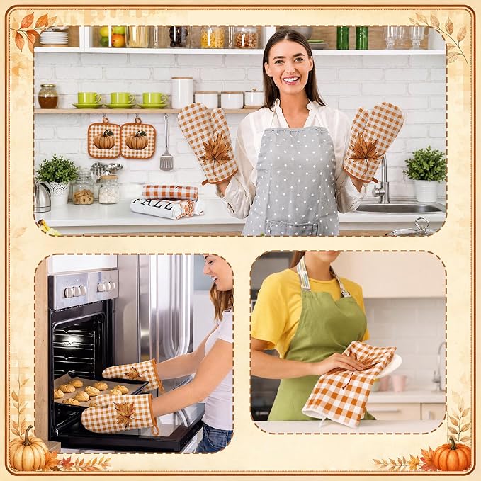 Fanfanwin 10 Pcs Fall Pumpkin Kitchen Decor Set Maple Leaves Kitchen Towels Pot Holders Oven Mitts and Rugs Set for Cooking Baking Gift Harvest Autumn Home Decor
