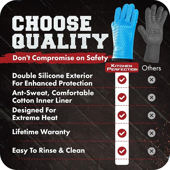 KITCHEN PERFECTION S Silicone Pizza Oven Gloves - Heat Resistant Oven Mitts | Waterproof, 5-Finger Design For A Better Grip, for Outdoor & Indoor Pizza Ovens, Compatible with Ooni, Ninja, Gozney & More