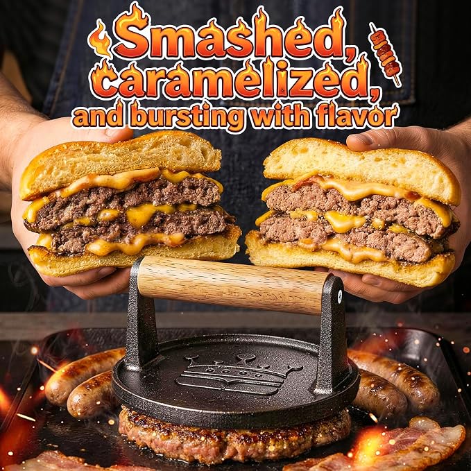 Smash Burger Press 6.5" Burger Patty Maker Set 20pc Baking Paper | 2lb Heavy-Duty Grill Bacon Meat Press with Wood Handle,Nonstick hamburger Smasher for griddle accessories,BBQs and Tailgates