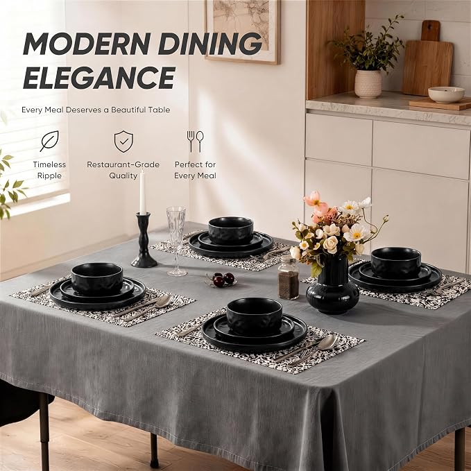 E-far Black Plates and Bowls Sets, 12-Piece Stoneware Dinnerware Set for 4 | Modern Ripple Design Dishes Set for Kitchen Dining, Chip & Scratch Resistant, Microwave & Dishwasher Safe, Matte Black