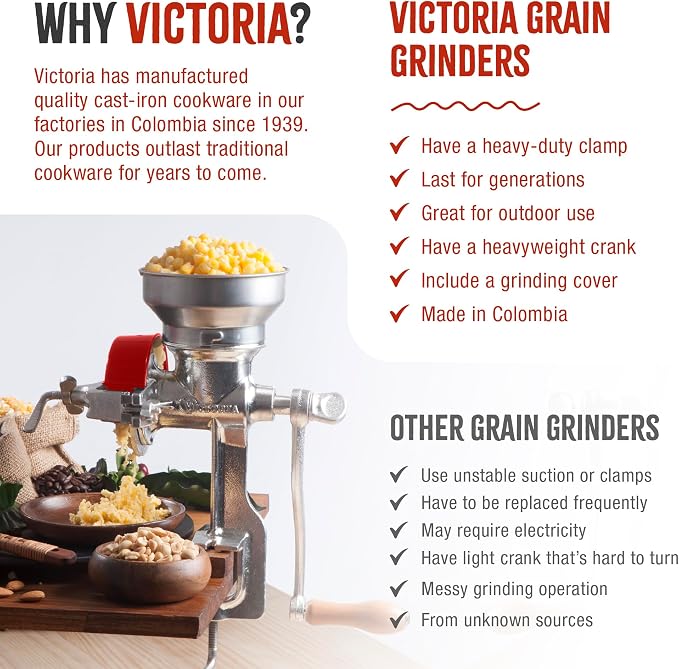 Victoria Manual Cast Iron Grain Mill with Low Hopper, Premium Corn-Grinding Mill and Grain Grinder, Made in Colombia | Premium Corn-Grinding Mill and Grain Grinder, Made in Colombia