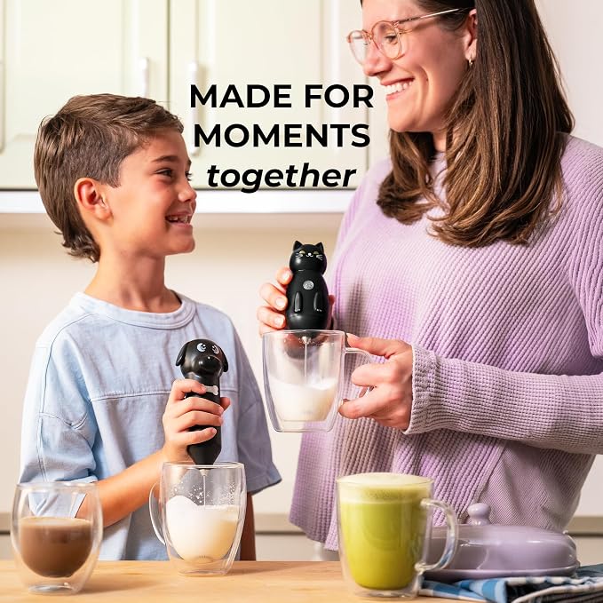 Cat-Shaped Frother Mixer – Cutesy Frother, Meet Your New Frothing Buddy Midnight The Cat, Adoption Papers and Stickers Included, Purrr-fect for Lattes, Cappuccino & Matcha – Black
