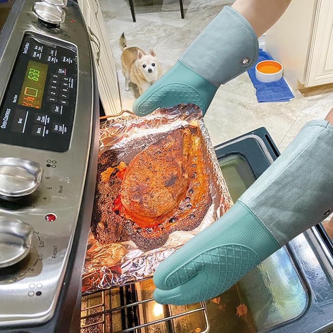 Professional Microwave Silicone Oven Mitts one Pair, Kitchen Mitten Set | Heat Resistant with 500 Degrees Oven Gloves Pot Holder for BBQ Cooking Baking (Light Blue)