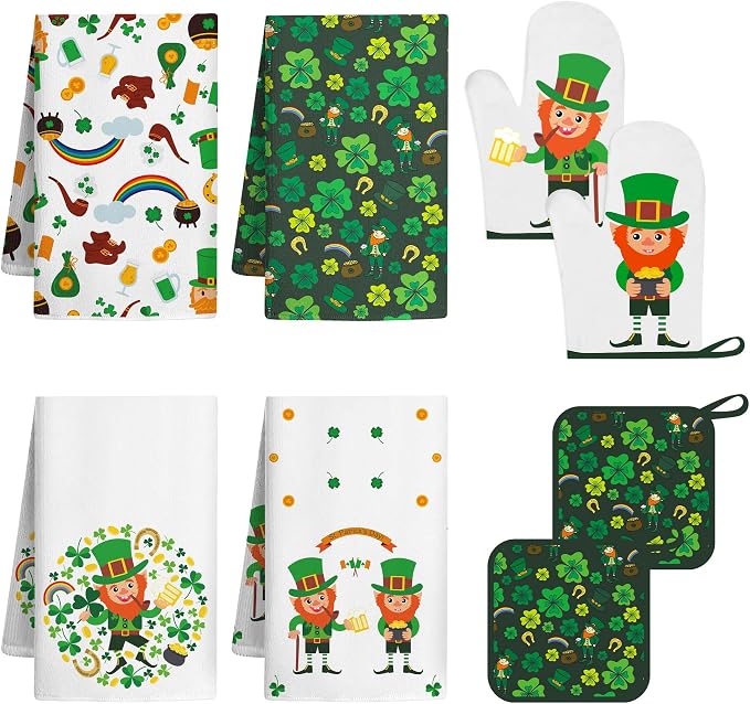 8 PCS St Green Kitchen Decor Sets Irish Leprechaun Shamrock Clover 4 Kitchen Dish Towels 2 Pot Holders 2 Oven Mitt Green Decoration Accessories for Cooking Baking Home Camp Spring