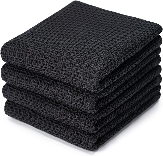BOOMIBOO 4-Pack Dish Towels,100% Cotton Waffle Weave,13x28 in,Black | Ultra Soft Absorbent, Quick Drying