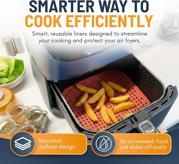 Reusable Square Silicone Air Fryer Liners (7.5 Inch, 3 Pack) by Linda’s Essentials - Non-Stick, Easy-Clean Accessories with Cheat Sheet & Recipe Book, Perfect for Quick Meals