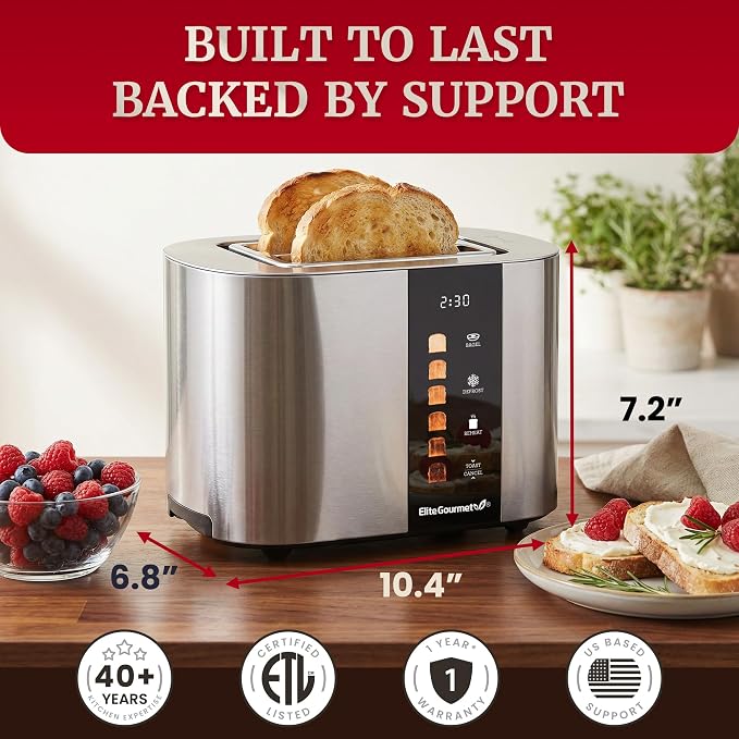 Elite Gourmet ECT2470 2-Slice Automatic Toaster, Stainless Steel | Motorized, No-Lever Digital Touchscreen, 6 Browning Levels, Bagel, Defrost & Reheat, Extra-Wide Slots