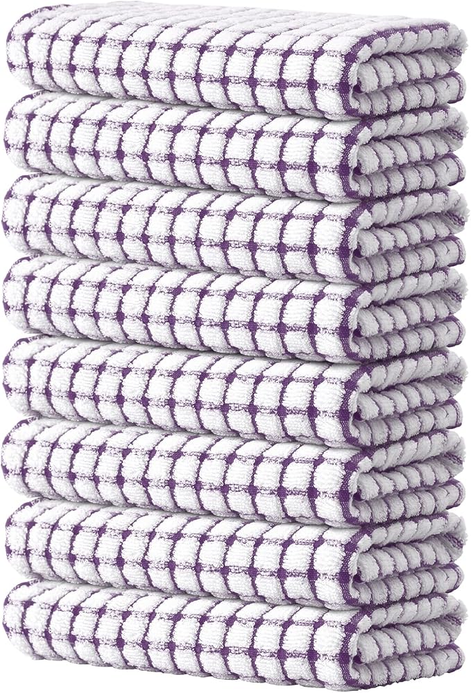 Kitinjoy Cotton 8 Pack Terry Kitchen Towels, Purple | 16 x 25 Inches Super Soft and Absorbent Dish Towels, Quick Drying hand towels for kitchen Drying