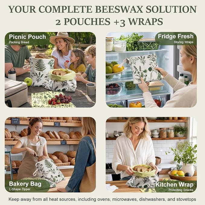 Reusable Beeswax Bread Bags & Wraps Set - 2 XL Sourdough Bags (17“x13") | Bread Bags with Wide Zipper & Handle3 Beeswax Wraps for food, Cheese, Fruit, Veggie - Breathable Bread Storage, 5 Pack