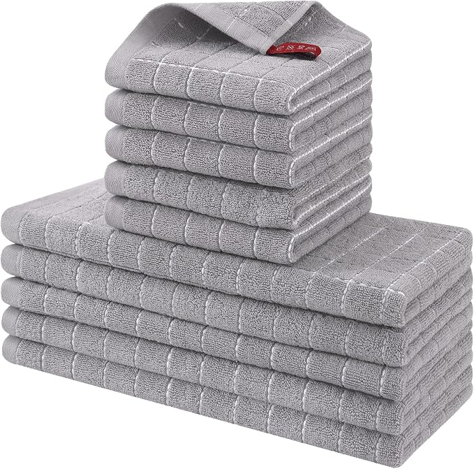 Homaxy Kitchen Towels and Dishcloths Set, Set of 10, Light Grey | Bulk Cotton Terry Kitchen Towels, Checkered Designed, Soft and Super Absorbent Dish Towels, 12 x 12 and 13 x 28 Inches