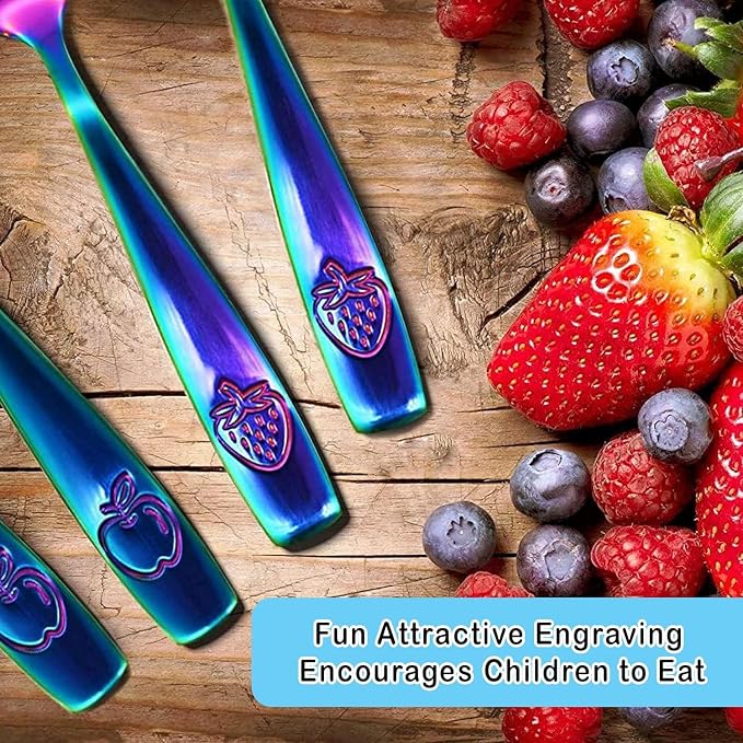 CHILLOUT LIFE Stainless Steel Kids Silverware Set 12 Pieces - Child and Toddler Safe Flatware - Kids Utensil Set - Metal Kids Cutlery Set (Includes 6 Small Kids Spoons & Kids 6 Forks, UV Rainbow)