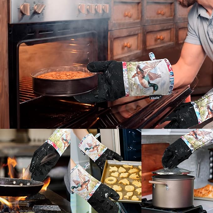 Alselo Oven Mitts 1 Pair, Silicone Printed Kitchen Mittens,7"x13.5" | Heat Resistant & Non-Slip Oven Gloves, Fashion Animal Design with Soft Quilted Cotton Lining for Baking Cooking (Darkgray2)