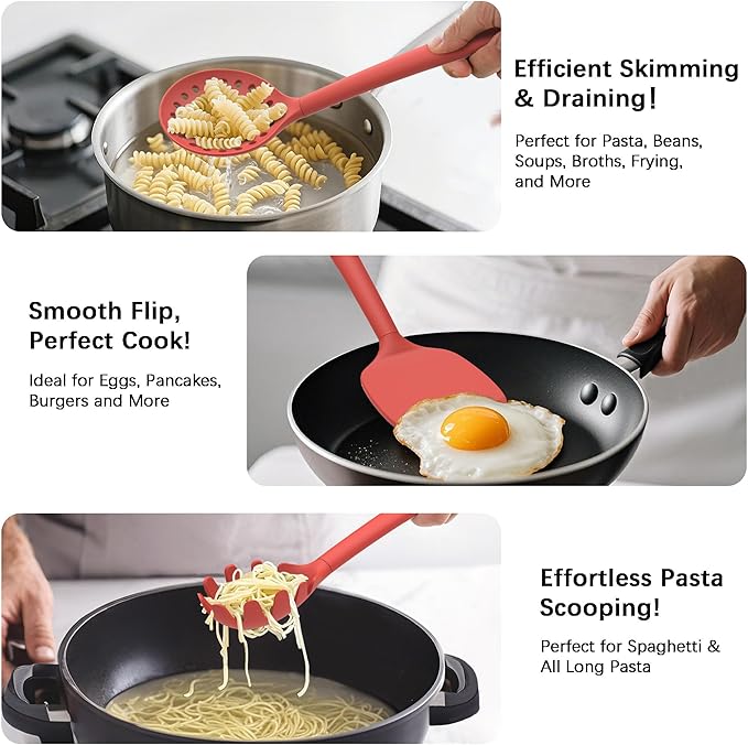 Coukre Silicone Kitchen Cooking Utensils Set, Heat Resistant, 14-Piece | Dishwasher-Safe, Food-Grade Silicone, BPA-Free, Spatulas, Spoons & Turner, Safe for Nonstick Cookware, PureRed
