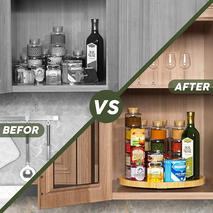 Lazy Susan Organizer, 13.2 Inch Non-Skid Bamboo Turntable | Kitchen Table Cabinets Closets and Kitchen Islands, Wood Turntable for Kitchen Countertop Organizer