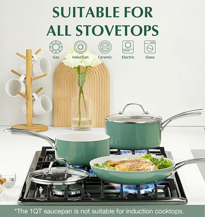 KOCH SYSTEME CS Nonstick Sauce Pan with Lid 1QT, 2QT & 3QT, Ceramic Saucepan Set 6Pcs, Non-Toxic Saucepan Set, Cooking Pots Set, Oven Safe & Induction Compatible, Green