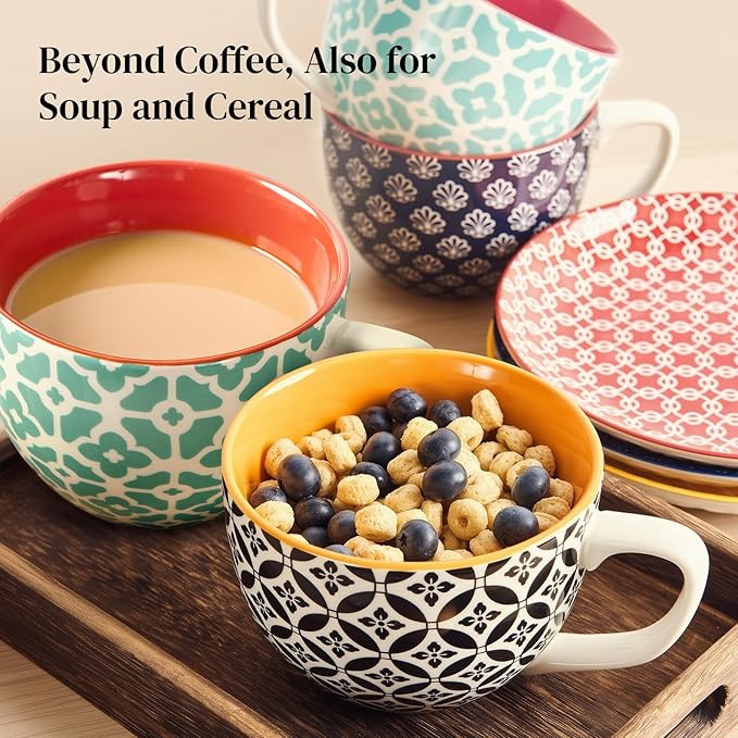 DOWAN 24 OZ Boho Mosaic Soup Mugs with Handle, Large Coffee Mugs Set of 4 | Six Design! Large Ceramic Mugs for Soup/Coffee/Cereal/Latte, Thanksgiving and Housewarming Gifts for Family and Friends