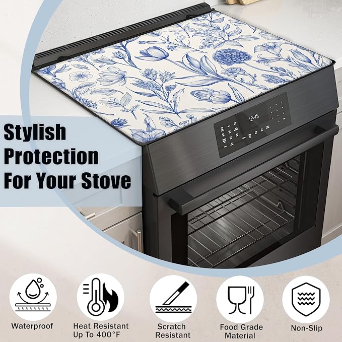 Retro Blue Floral Glass Top Stove Cover Protector,Spring Flower Stove Top Covers for Electric Stove,Washable Heat Resistant Cooktop Mat Anti-Slip Range Covers, 28 x 20 Inch