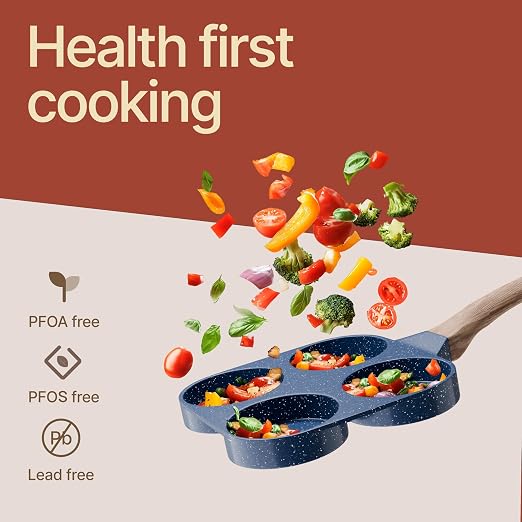 4-Cup Nonstick Frying Egg Pan Blue Marble, Granite Pancake Pan, PFOS & PFOA Free, Die-Cast Aluminum with Heat-Resistant Handle, 500°F Stove-Safe, Compatible with Induction, Gas & Electric Cooktops