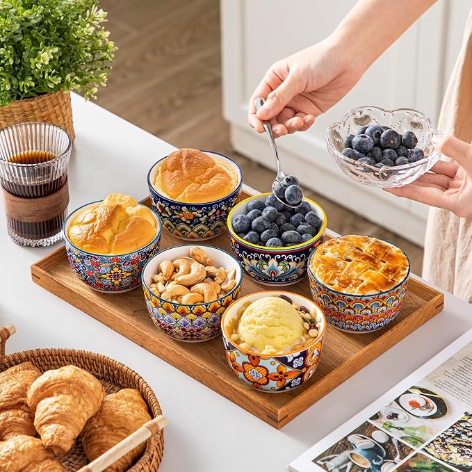 vancasso 8 Oz Ramekins Oven Safe Set of 6, Ceramic Baking Souffle Dishes | Bohemian Ramekins for Creme Brulee, Souffle, Custard, Pudding, Small Bowls for Snacks, Ice Cream, Microwave & Dishwasher Safe