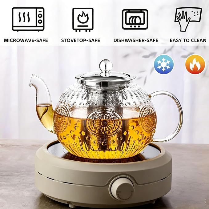 Amzcku 50OZ/1500ml Vintage Glass Teapot Set with 4 Cups, Teapot Set with Removable Infuser Stovetop Safe, Borosilicate Glass Tea Kettle for Blooming & Loose Leaf Tea