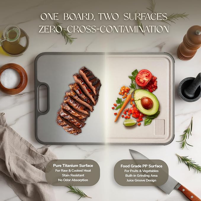 Titanium Cutting Board Double-Sided 2-in-1 (99.9% Titanium + PP), 15" x 10", with Accessories (Finger Guard, Glove, Thumb Knives) - Kitchen Metal Chopping Board for Meat, Fruits & Vegetables
