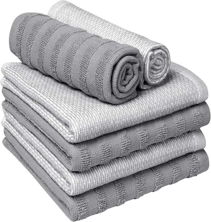 Bumble Premium Dish Cloths 13"x13" (6 Pack) | 100% Natural Ring Spun Cotton | 400 GSM | Highly Absorbent & Soft |Yarn Dyed & Solid Dyed Terry Dish Cloth Set - Grey
