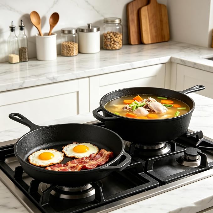 Cast Iron Double Dutch Oven Pot with Skillet Lid, Cast Iron Combo Cooker, Skillet with Lid, Deep Pot with Frying Pan for Bread Baking, Outdoor, Campfire Cooking (3 Quarts)