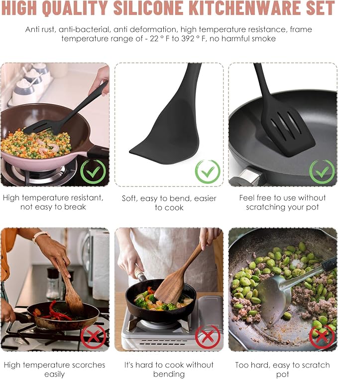 Black Kitchen Utensils Set-12 Pieces Silicone Cooking Utensils Set | Dishwasher Safe 392°F Heat Resistant Spatula Set Kitchen Utensil Set for Nonstick Cookware,Best Kitchen Tools with Holder