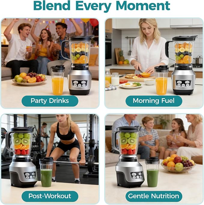 DUMOS Smoothie Blender for Kitchen, Personal Blender for Smoothies | 6 Blades, 24 34 60 oz BPA-Free Cups, Portable Easy Clean, Ice Crush Shakes Sauces, Silver