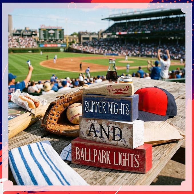 Lineshading 4 Pcs Baseball Wooden Blocks Sign with Bat, Blue White Red | Summer Nights Ballpark Lights Farmhouse Style, Party Centerpiece Room Tiered Tray, Stackable Blocks for Fans Boys Decor