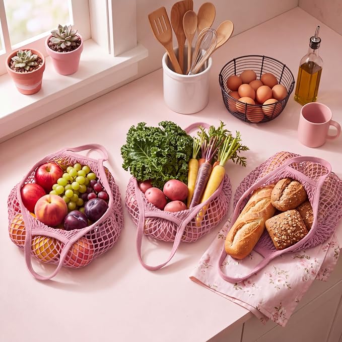 Woanger 24 Pcs Pink Short Handle Reusable Cotton Mesh Produce Shopping Bags Washable Grocery Net Portable Fruit and Vegetable Cotton String Bags Net Tote Organizer