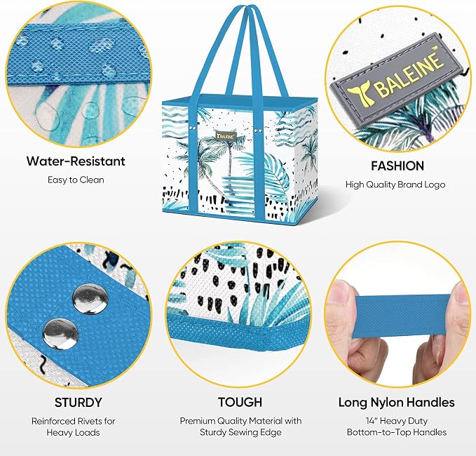 BALEINE 6PK Reusable Grocery Bags, Heavy Duty Shopping Tote Bag | 12'' Long Handles, Reinforced Bottom Keeps Upright, Fold Flat Storage, Water-Resistant Shopping Bag, Multiple Color Options