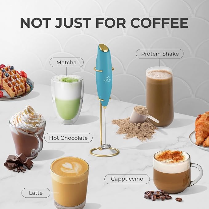 Zulay Kitchen Powerful Milk Frother Wand With Duracell Batteries - Ultra Fast Handheld Drink Mixer - Electric Whisk Foam Maker for Coffee, Lattes, Cappuccino & Matcha - Z1 Motor - Lake Gold
