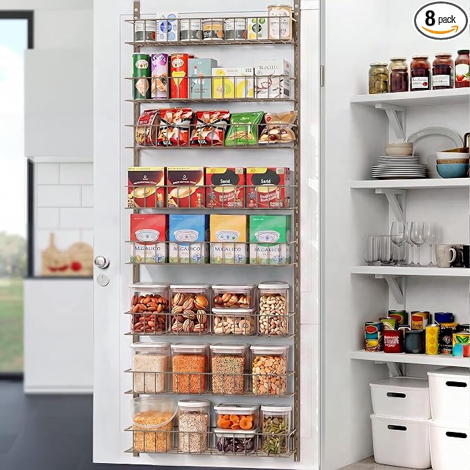 ElegantArray 8-Tier Pantry Door Organizer, Brown | Over The Door Pantry Organizer Rack and Storage, Hanging Spice Rack Shelves Door, Home Office Laundry Room Bathroom & Kitchen