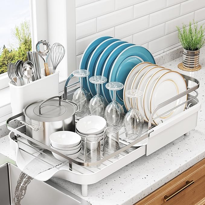SNTD Expandable Dish Drying Rack for Kitchen Counter, 15.2-22.1 in, White | Rust-Resistant Stainless Steel, Protective Side Rails, Self-Draining Drainboard, Removable Utensil Holder