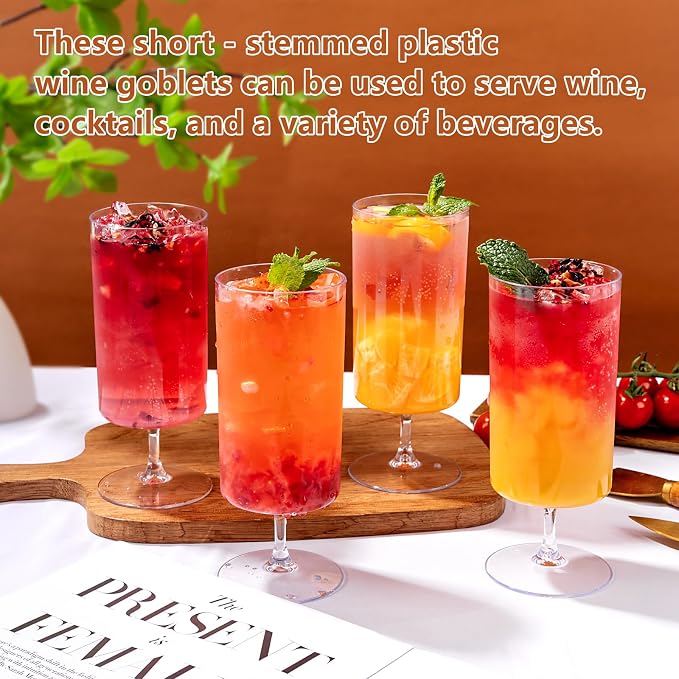 Ciaell 12 Pack Plastic Water Goblets for Weddings Parties | 14 oz Short Stem Water Goblets, Heavy Duty Plastic, Wine Beer Juice Cocktails for Anniversaries Dinners Birthdays