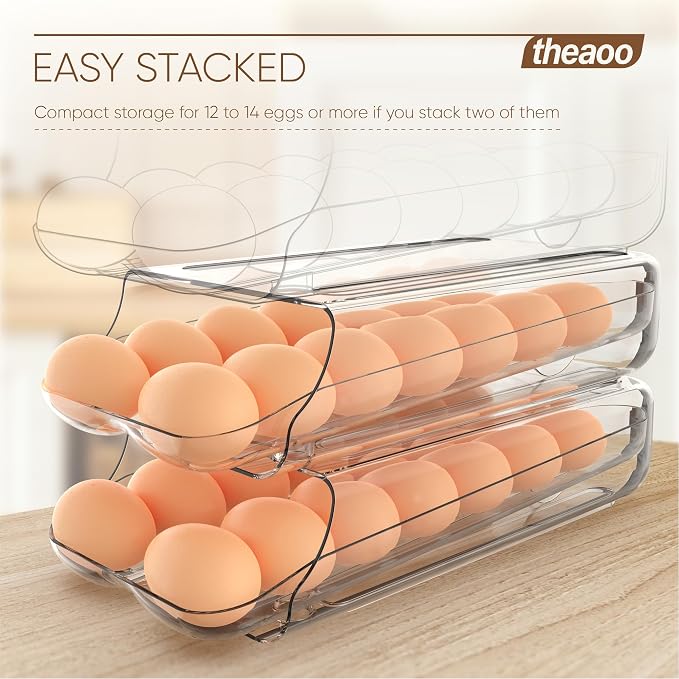theaoo Egg Holder for Fridge, Automatic Rolling Egg Container, Clear, 2Pack | Quick Removable Inner Tray For Easy Egg Loading. Stackable Egg Dispenser For Refrigerator Storage and Organization
