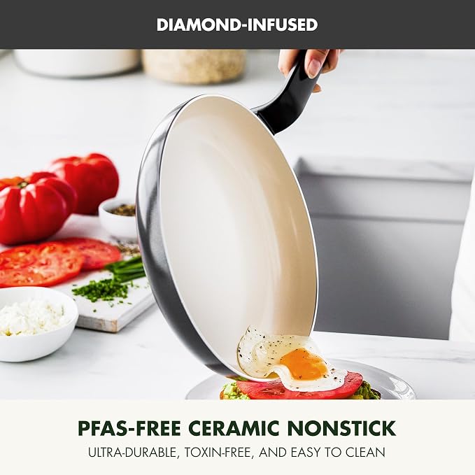 GreenPan Rio Advanced 8" Frying Pan Skillet, Ceramic Nonstick PFAS-Free, Induction Ready, Dishwasher and Oven Safe, Black
