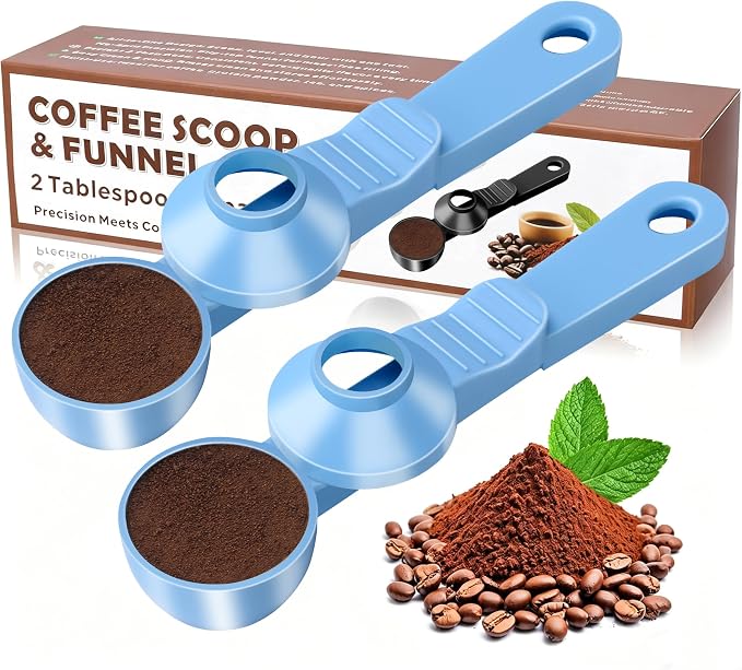 2-in-1 Coffee Scoop with Funnel, 2 Tbsp Measuring Spoon for Reusable K Cups, Ground Coffee, Protein Powder & Tea, Mess-Free Plastic Design（Light Biue-2pack）
