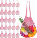 Woanger 24 Pcs Pink Long Handle Reusable Cotton Mesh Produce Shopping Bags Washable Grocery Net Portable Fruit and Vegetable Cotton String Bags Net Tote Organizer